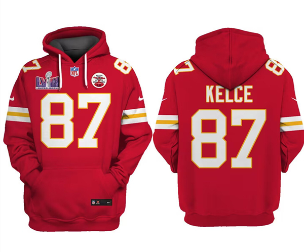 Men's Kansas City Chiefs #87 Travis Kelce Red Super Bowl LVIII Patch Pullover Hoodie Men's Kansas City Chiefs #87 Travis Kelce Red Super Bowl LVIII Patch Pullover Hoodie
